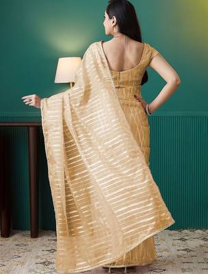 Yellow elegant printed organza saree with blouse piece 3