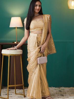 Yellow elegant printed organza saree with blouse piece 4