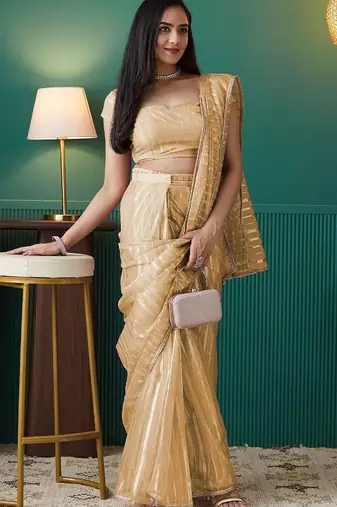 Yellow elegant printed organza saree with blouse piece