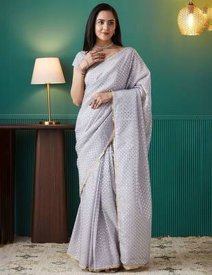Purple elegant printed organza saree with blouse piece 1