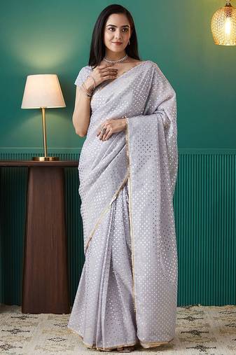Purple elegant printed organza saree with blouse piece