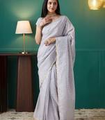 Purple elegant printed organza saree with blouse piece