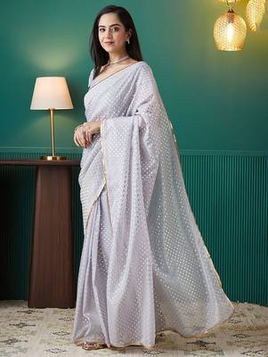 Purple elegant printed organza saree with blouse piece 2