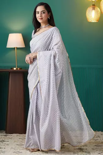 Purple elegant printed organza saree with blouse piece