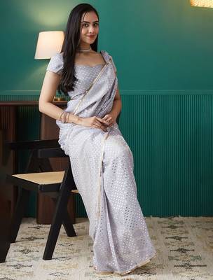 Purple elegant printed organza saree with blouse piece 4