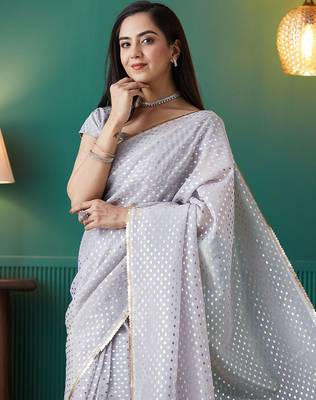 Purple elegant printed organza saree with blouse piece 5