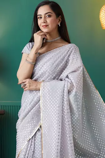Purple elegant printed organza saree with blouse piece