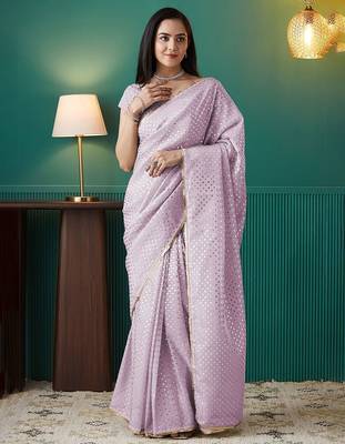 Pink elegant printed organza saree with blouse piece 1