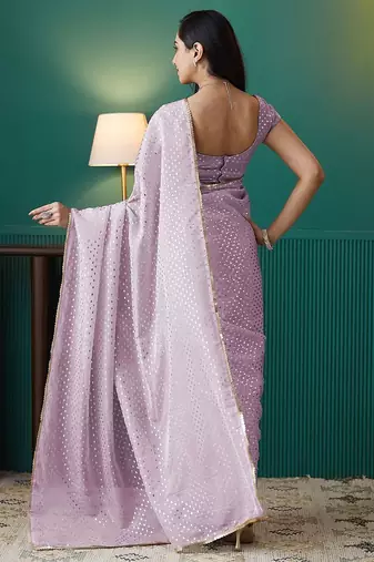 Pink elegant printed organza saree with blouse piece
