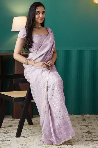 Pink elegant printed organza saree with blouse piece
