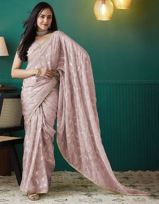 Peach elegant printed organza saree with blouse piece 1