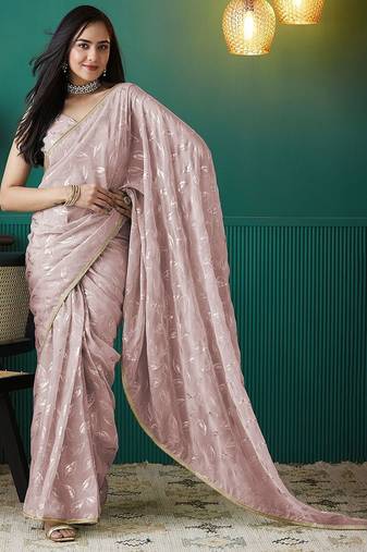 Peach elegant printed organza saree with blouse piece