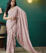 Peach elegant printed organza saree with blouse piece