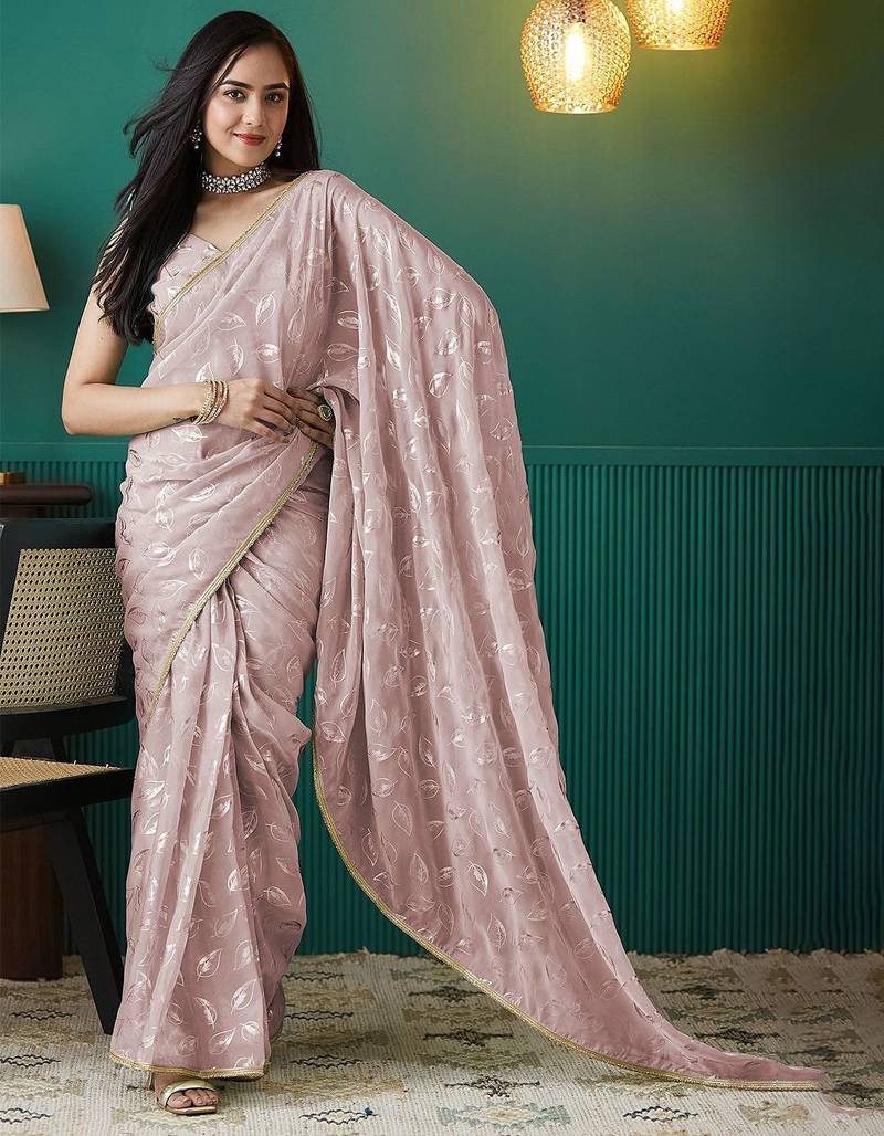 Peach elegant printed organza saree with blouse piece