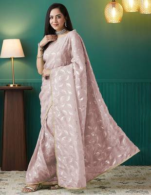 Peach elegant printed organza saree with blouse piece 2