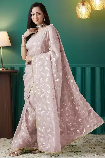 Peach elegant printed organza saree with blouse piece