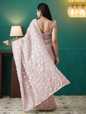 Peach elegant printed organza saree with blouse piece 3