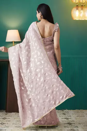Peach elegant printed organza saree with blouse piece
