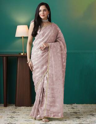Peach elegant printed organza saree with blouse piece 4