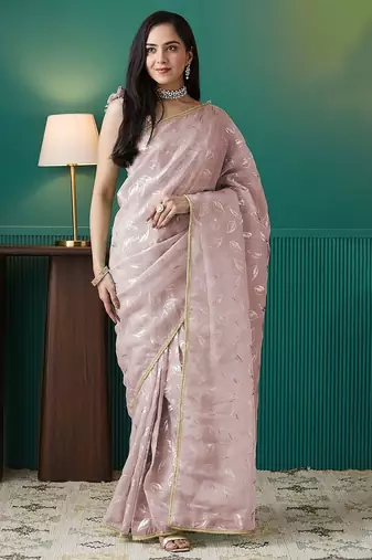 Peach elegant printed organza saree with blouse piece