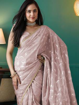 Peach elegant printed organza saree with blouse piece 5
