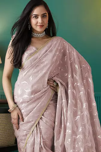 Peach elegant printed organza saree with blouse piece
