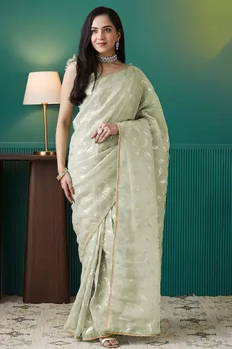 Green elegant printed organza saree with blouse piece