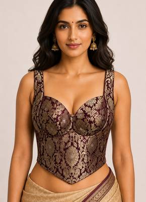 Wine zari woven jacquard silk designer readymade saree blouse for women wedding party wear 2