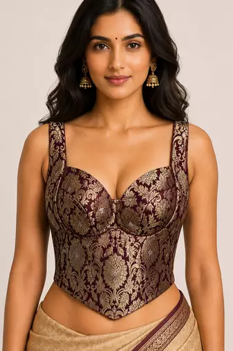 Wine zari woven jacquard silk designer readymade saree blouse for women wedding party wear