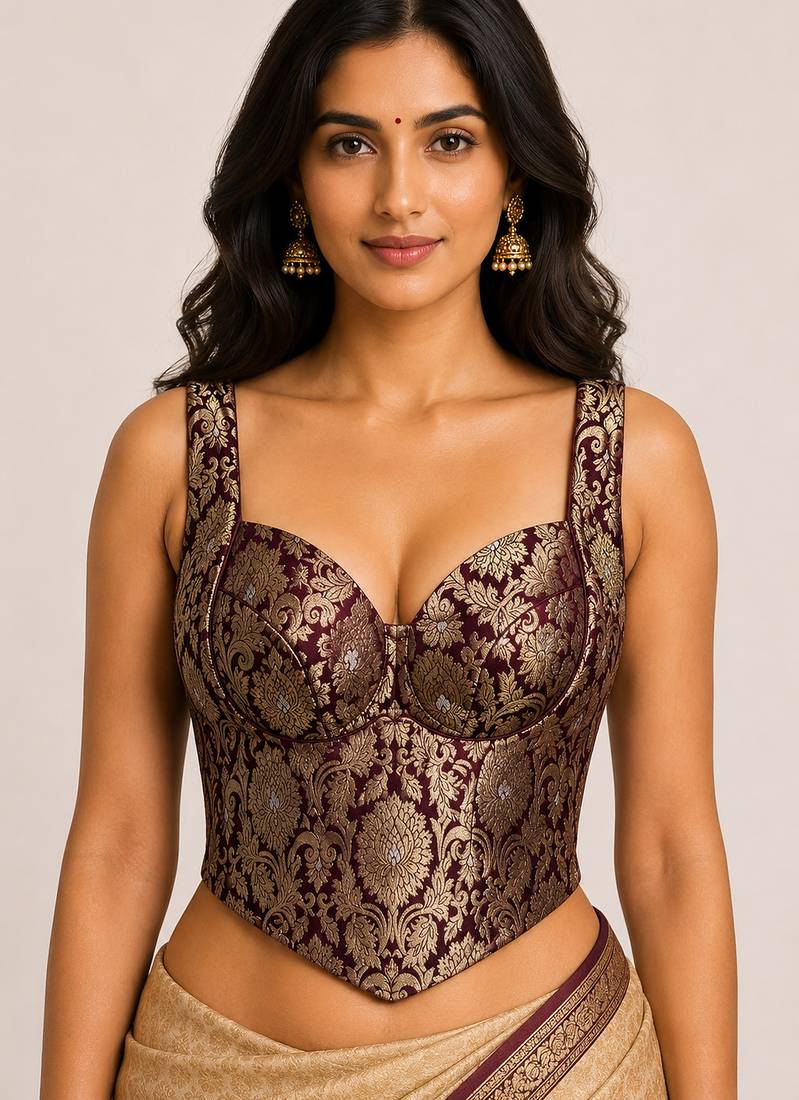 Wine zari woven jacquard silk designer readymade saree blouse for women wedding party wear