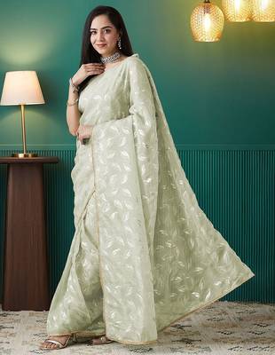 Green elegant printed organza saree with blouse piece 2