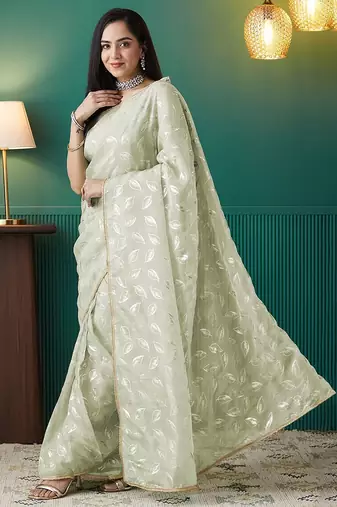 Green elegant printed organza saree with blouse piece