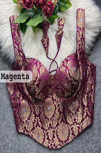 Magenta zari woven jacquard silk designer readymade saree blouse for women wedding party wear