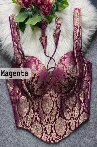 Magenta zari woven jacquard silk designer readymade saree blouse for women wedding party wear