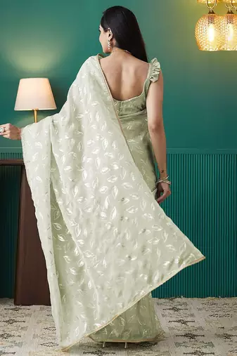 Green elegant printed organza saree with blouse piece