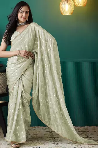 Green elegant printed organza saree with blouse piece