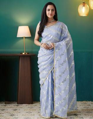 Purple elegant printed organza saree with blouse piece 1