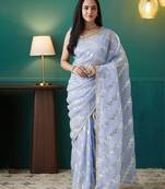 Purple elegant printed organza saree with blouse piece