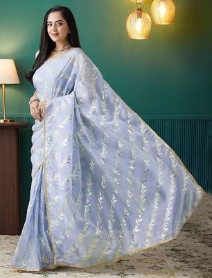 Purple elegant printed organza saree with blouse piece 2