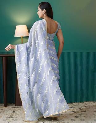 Purple elegant printed organza saree with blouse piece 3