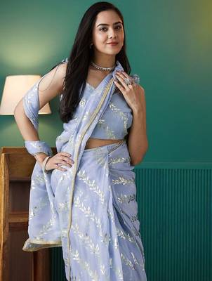 Purple elegant printed organza saree with blouse piece 5