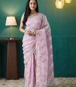 Pink elegant printed organza saree with blouse piece