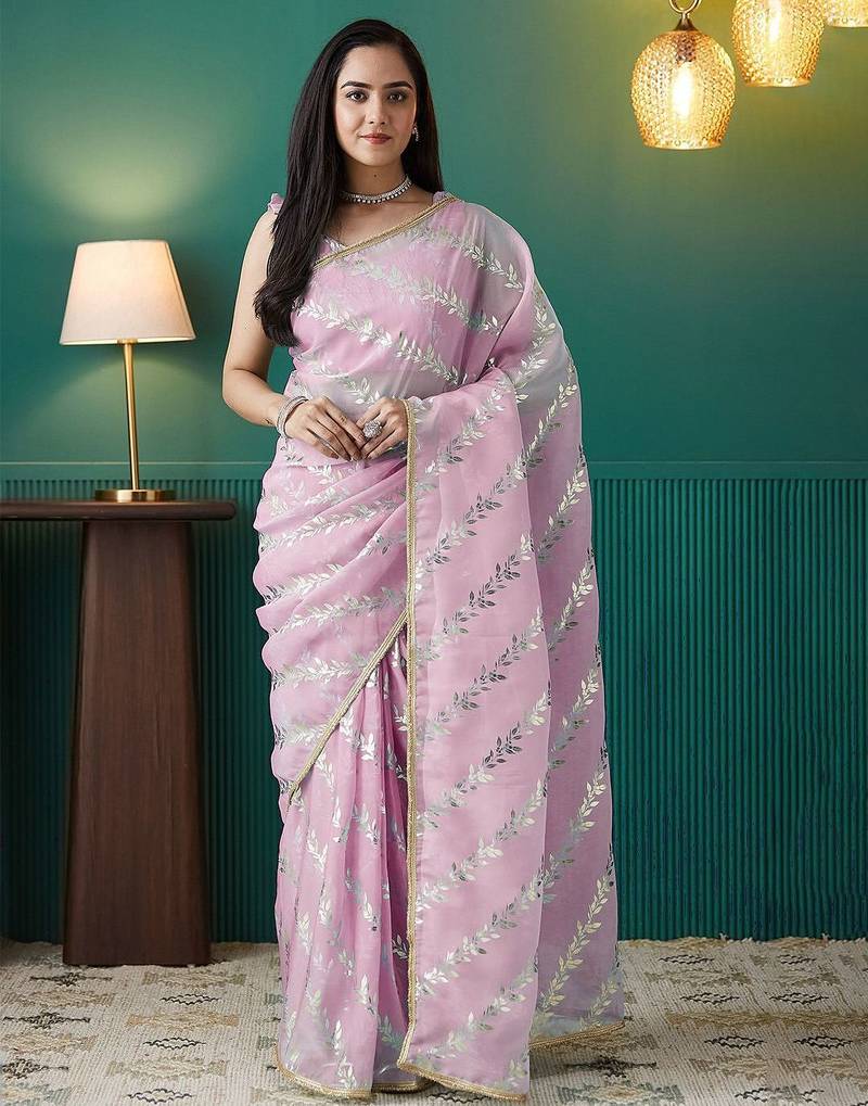 Pink elegant printed organza saree with blouse piece
