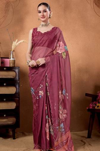 Purple elegant printed organza saree with blouse piece