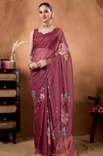 Purple elegant printed organza saree with blouse piece