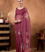 Purple elegant printed organza saree with blouse piece