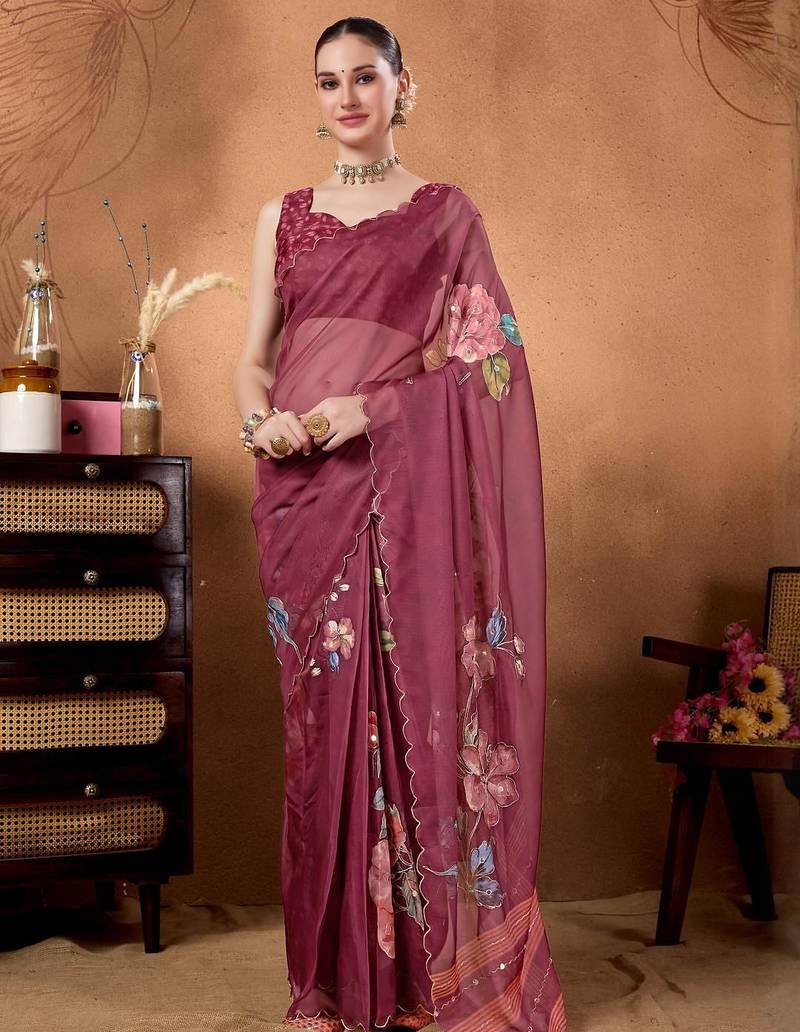 Purple elegant printed organza saree with blouse piece