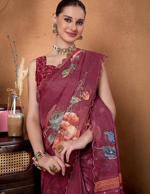 Purple elegant printed organza saree with blouse piece 2