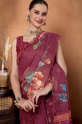 Purple elegant printed organza saree with blouse piece