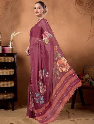 Purple elegant printed organza saree with blouse piece 3